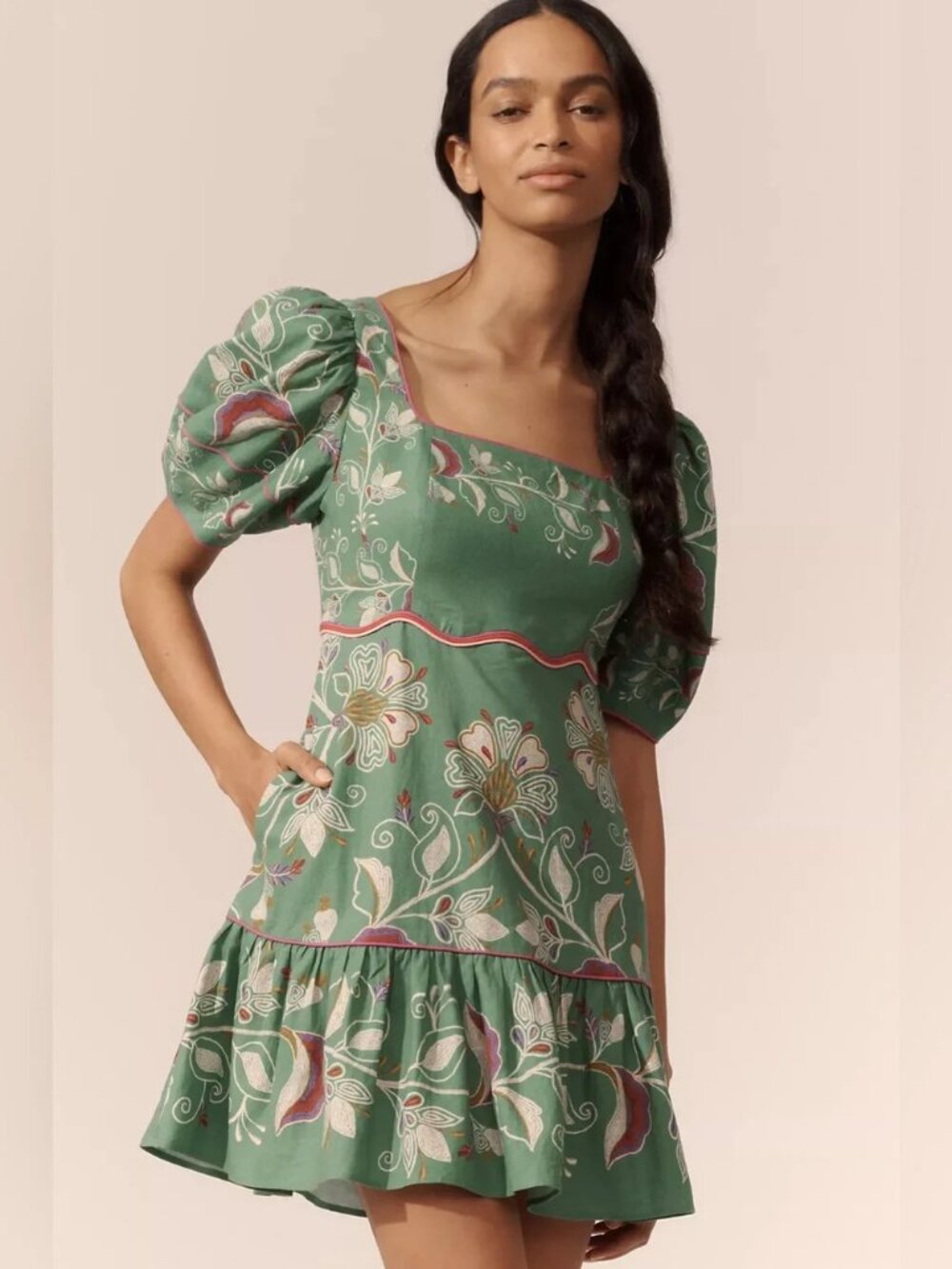 NWT FARM Rio Floral Puff Sleeve Linen Mini Dress M